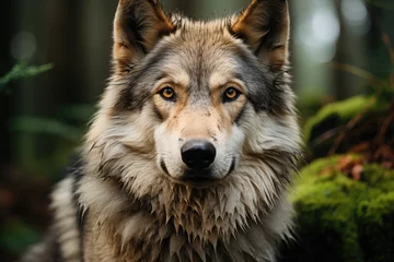 Schilderijen op glas A large male gray wolf in the forest. Generative AI © kardaska