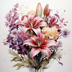Botanical purple and red flower watercolor bouquet elegance blooming. Generative AI