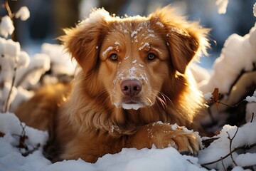Big dog lying in snow. Generative AI - Powered by Adobe