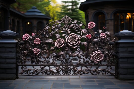 Decoration of metal gates with forged roses Generative AI