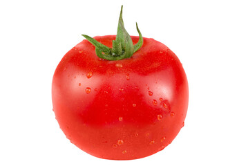 Ripe tomato in water droplets isolated on transparent background.
