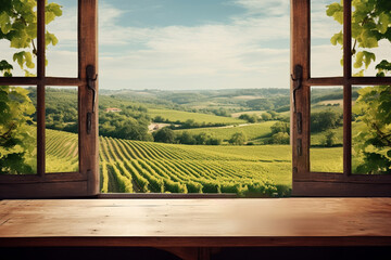 Empty wooden table top, vineyard view out of open window