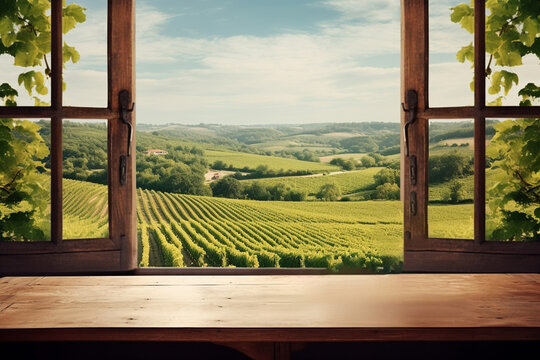 Fototapeta Empty wooden table top, vineyard view out of open window