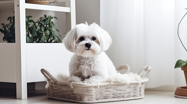 Cute white Maltese dog sitting on the dog bed basket in a light home interior. Ai generative