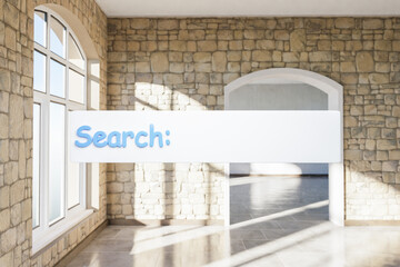 search box text floating in air standing in luxurious loft apartment with arched window and minimalistic interior living room design; 3D Illustration