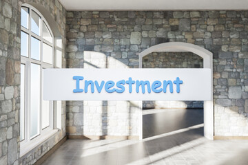 search box text floating in air standing in luxurious loft apartment with arched window and minimalistic interior living room design; 3D Illustration