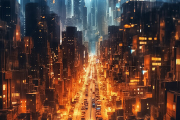 Obraz premium Aerial view captures the enchanting allure of a fantasy city, adorned with captivating dark and golden lights, creating a mesmerizing and ethereal atmosphere. Generative AI.