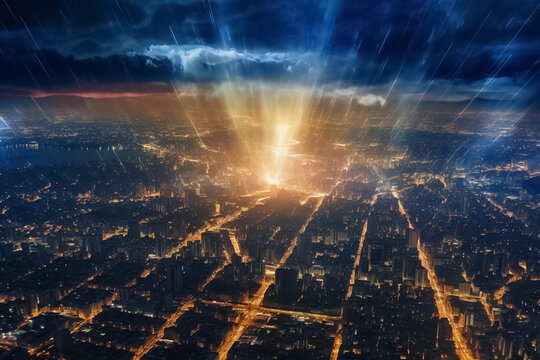 Aerial view captures the enchanting allure of a fantasy city, adorned with captivating dark and golden lights, creating a mesmerizing and ethereal atmosphere. Generative AI.