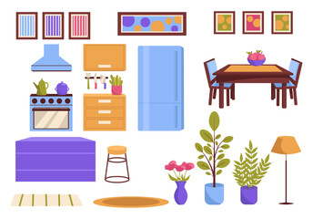 Set of furniture and interior stuff. Kitchen. Vector graphic.