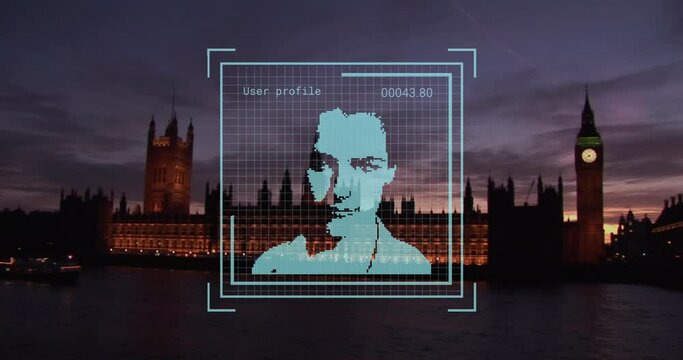 Animation of biometric photo and data processing over london cityscape