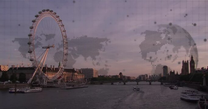 Animation of globe and world map data processing over london cityscape