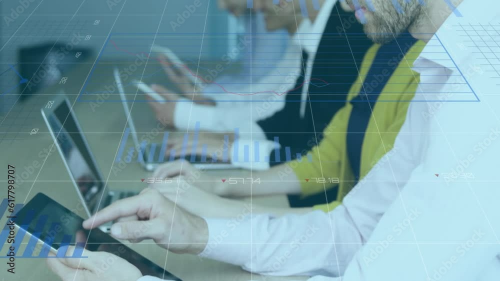 Poster animation of statistical data processing against caucasian man using digital tablet at office