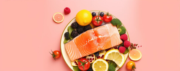 Top view of delicious salmon with sliced cucumber, vegetables and friuts. generative ai
