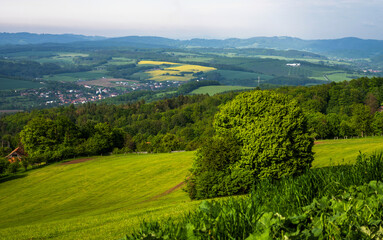 Fototapeta na wymiar Meadow, field, forest, house and village with hills on background near Lipa.