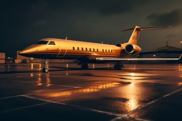 A luxury private jet waiting for take off. Luxury tourism and business travel transportation concept. Generative AI