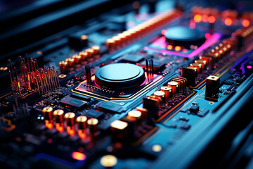 Electronic circuit board close up. Selective focus. Generative AI