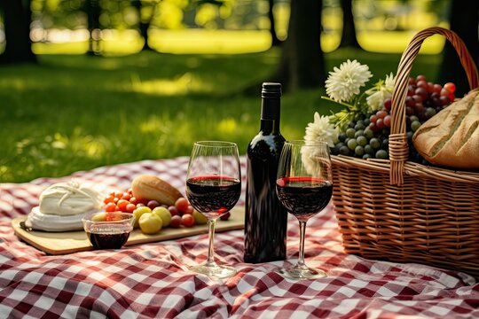 Romantic picnic in the park with wine, fruits, berries and cheese.
