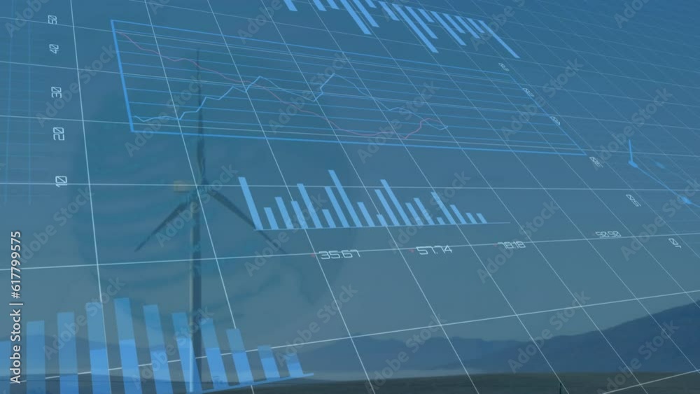 Poster animation of statistical data processing over spinning windmill on grassland against clouds in sky