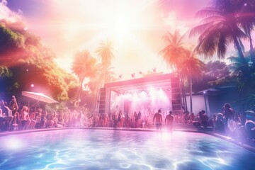 Abstract illustration of a beach party by the pool in pink and blue colors.
