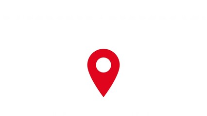 Red map pin, animation of appearance, fall and bounce on white background