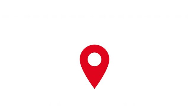 Red map pin, animation of appearance, fall and bounce on white background