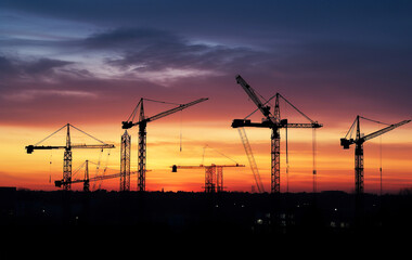 Fototapeta premium Construction cranes silhouette with sunset in the background. Generative AI.