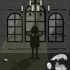 Horror card with Black Silhouette of Scary Girl in the palace. Person in front of the window in the dark with skulls. Halloween concept. Vector art. Design for Greeting Card cover.