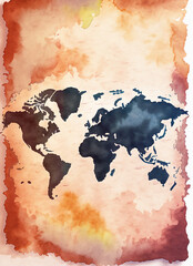 illustrazione generative ai con cartina geografica, mappa dei continenti, colori ad acqua su carta ruvida
