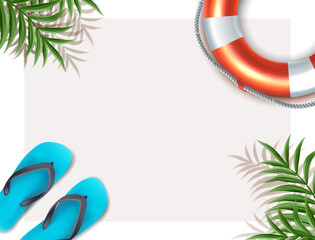 3d realistic vector illustration. Tropical summer banner. Pals, sandals and lifebyou top view.