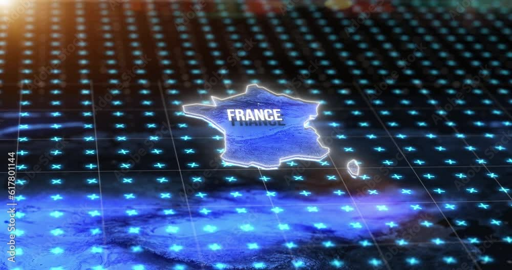 Aufkleber dark digital map, location of france and hologram on blue light hud, pin or 3d rendering. technology