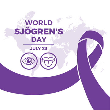 World Sjögren's Day poster with purple ribbon vector illustration. Purple awareness ribbon, eye, tongue icon set vector. Dr. Henrik Sjogren, the Swedish ophthalmologist. July 23 every year