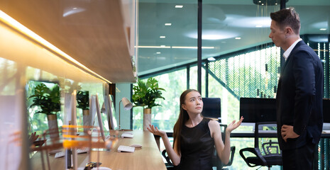 Fototapeta premium Business people speaker presenter consulting training. Hispanic man present explain graph strategy in sale team meeting at home office workspace