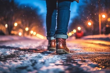 Foto op Aluminium Back view of close up of a woman leg walking in snowy winter night park. AI generative © SANGHYUN