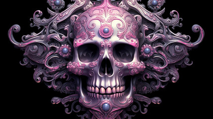 an ornamental skull, Day of the Dead, Halloween, pink and silver, dia de los Muertos