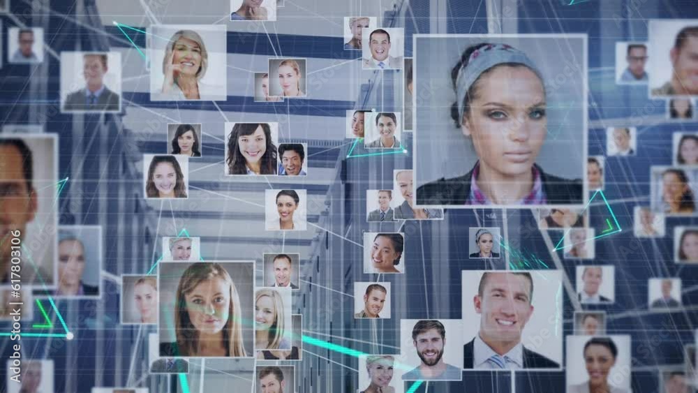 Poster animation of network of business profile icons and neon plexus network against computer server room
