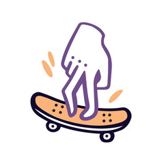 Fingerboard, hand on a small skateboard. Skateboarding youth culture. Outline vector style. Old school, Hand silhouette riding on toy.