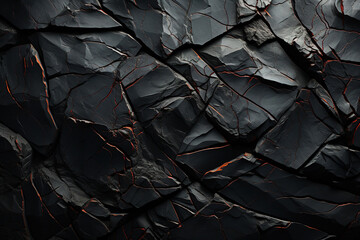 A voluminous rock texture adorned with cracks creates a captivating black stone background, providing ample copy space for design. Ideal for a wide banner with a striking visual impact - obrazy, fototapety, plakaty
