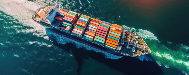 Aerial view of a cargo ship sailing on the ocean generative ai