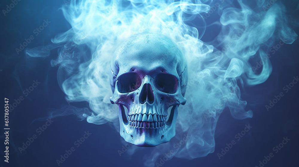 Wall mural surreal, creepy skull and smoke, blue lighting