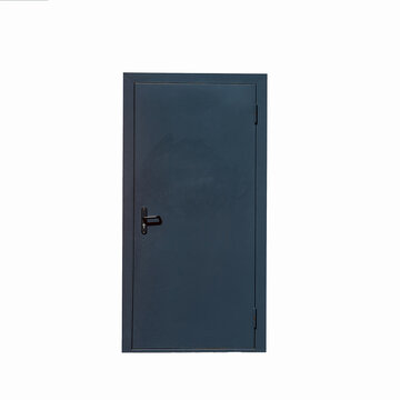 Black Metal Door With Handle Isolated On White Background. Iron Warehouse Door.