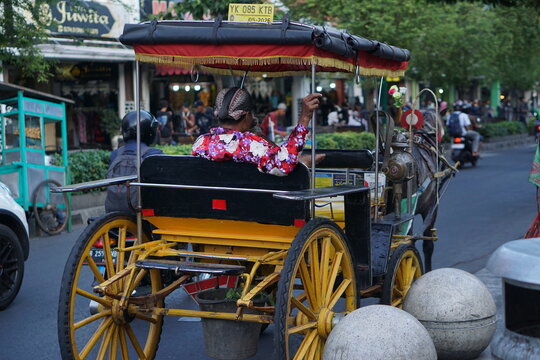 A horse-drawn delman is a traditional means of transportation that still operates today in the city of Jogja. Yogyakarta, INDONESIA - March 5, 2023