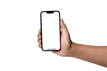 Smartphone similar to iphone 14 with blank white screen for Infographic Global Business Marketing Plan, mockup model similar to iPhone 15 isolated Background of digital investment economy 