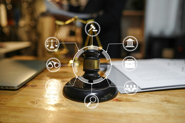 Judge gavel with Justice lawyers having team Concepts of Law and Legal services...