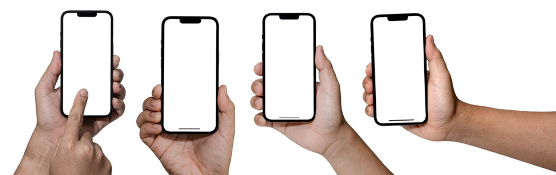 Hand holding, New version of black slim smartphone similar to iphone 16 with blank white screen from Apple generation 14, Front mockup model similar to iPhone 16, Background of digital economy.