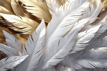 Gorgeous golden light illuminates an arrangement of elegant metal gold and silver feathers, creating a scene of exquisite beauty and sophistication. Generative AI.
