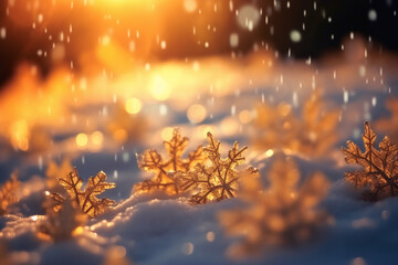 Macro photo of snow flakes falling, blurred background, hyper real, very detailed, sunbeams, 8k. AI generative