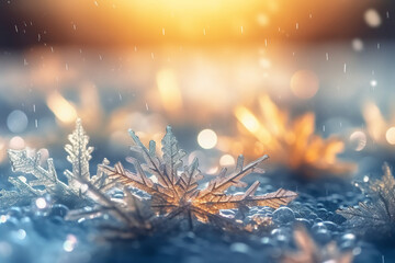 Macro photo of snow flakes falling, blurred background, hyper real, very detailed, sunbeams, 8k. AI generative - obrazy, fototapety, plakaty