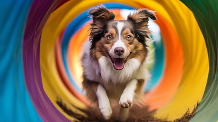 A happy Australian Shepherd jumping through a colorful agility tunnel, showcasing its intelligence and agility Generative AI