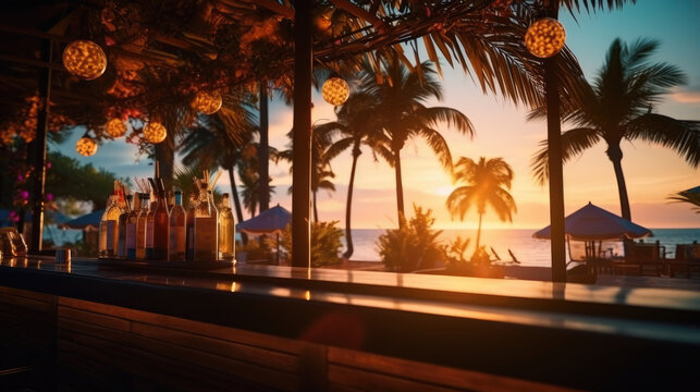 Bar on the beach at sunset, party, view from the bar to the beach and Palms. Cozy atmosphere, mocap