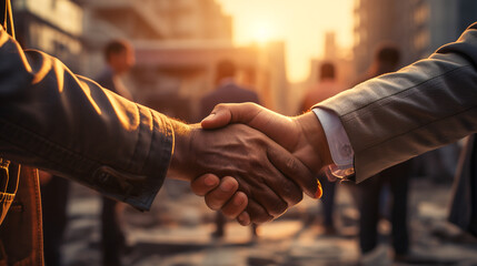 Shot hands of businessman meeting in a firm shake. Construction contractor join hands in success and good contracts, teamwork and collaboration. Generative AI